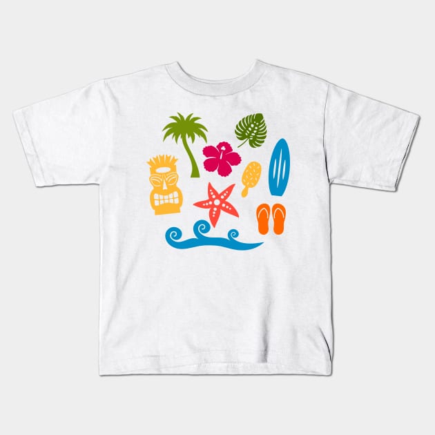 Hawaiian Beach Summer Icons Kids T-Shirt by RageRabbit